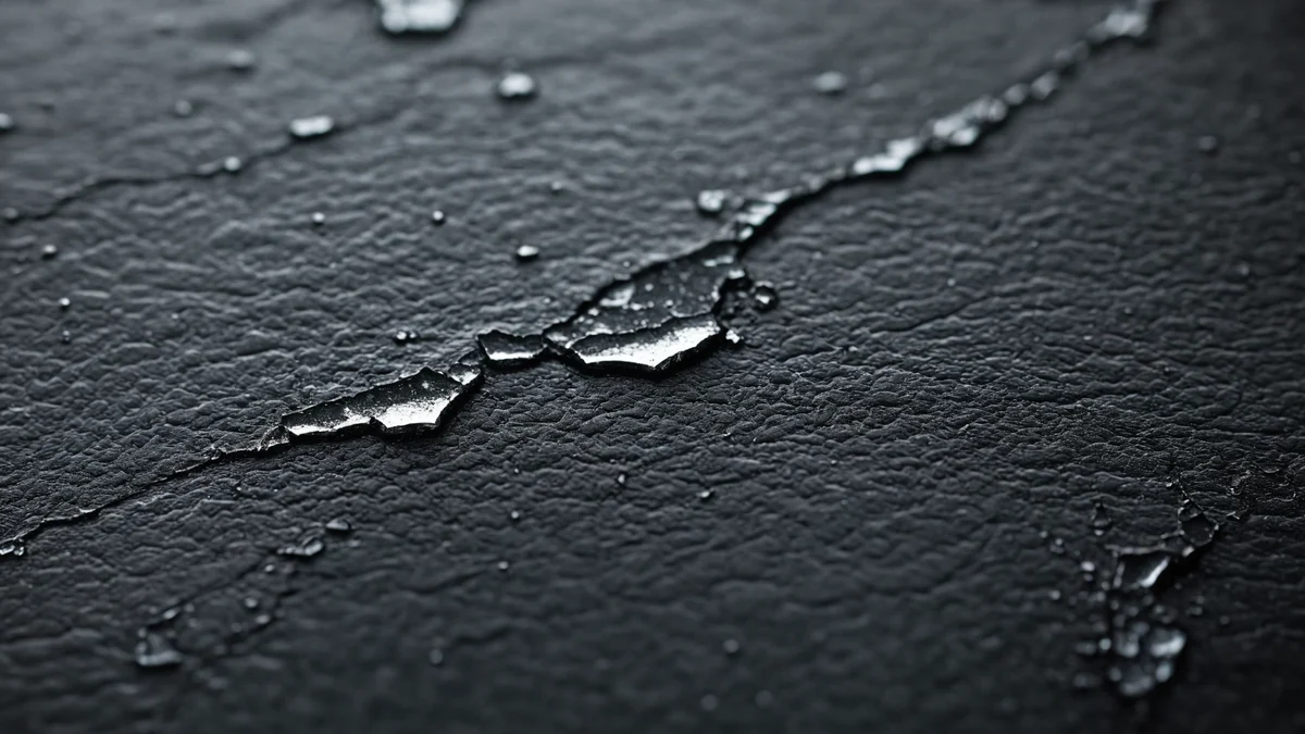 A thin sheet of ice cracked across dark brushed steel, the fracture line lit from a low angle.
