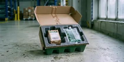 Una caja aislante abierta en el suelo de una zona de carga, con un inserto de espuma que sostiene un envase sellado junto a un acumulador de frío cubierto de condensación.