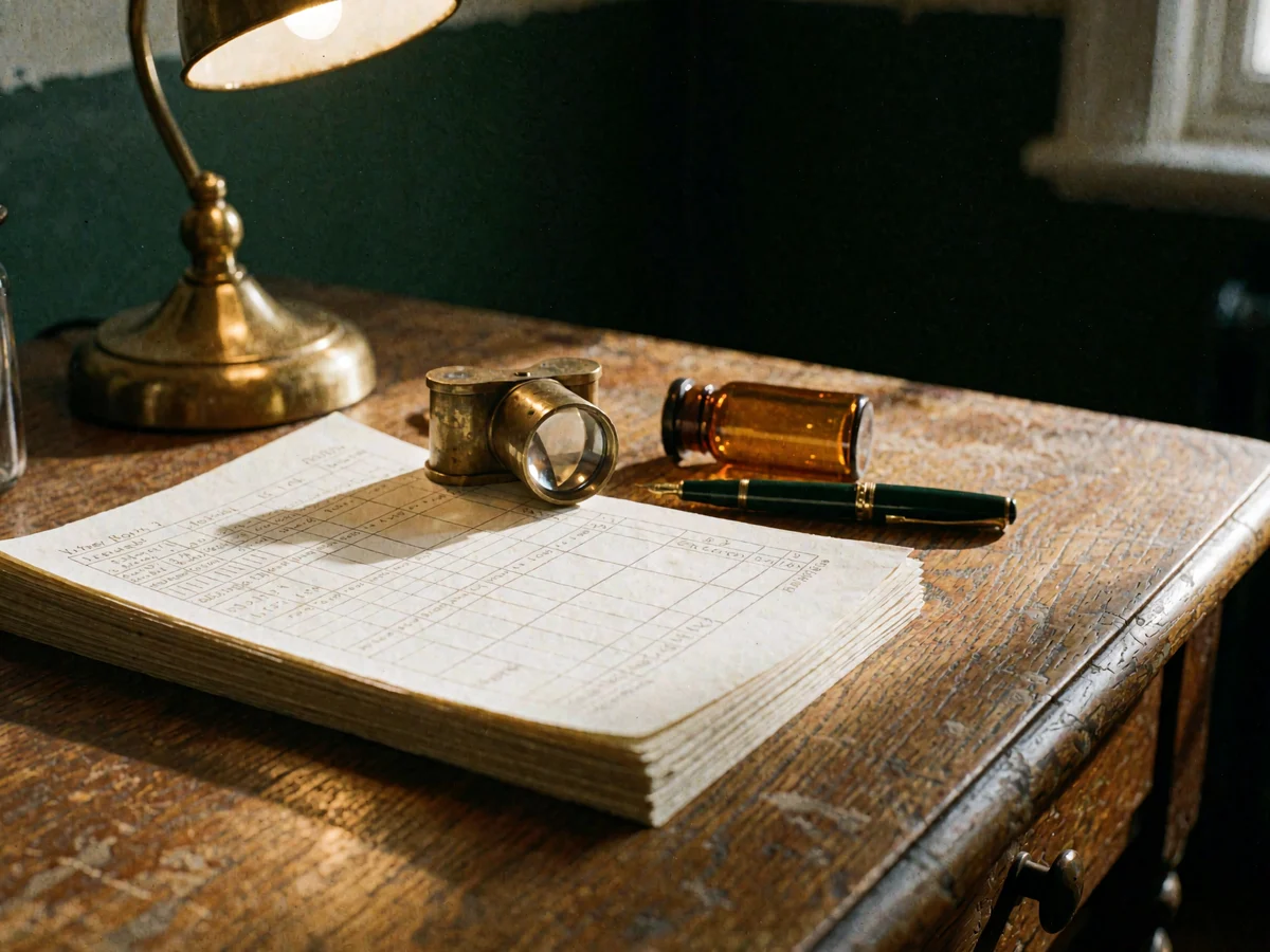 A brass desk lamp lighting a stack of printed lot records on a worn oak desk, a jeweller's loupe and a capped amber vial beside them against a dark green wall.