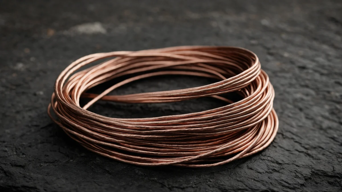 A loose coil of bare copper wire resting on dark slate, the polished metal warm against the cold grey stone.