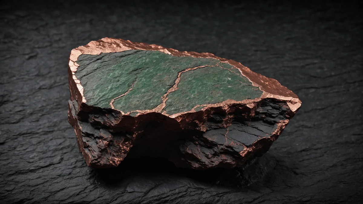 A rough chunk of raw copper mineral streaked with green and rust veins resting on dark slate, raking light on its facets.