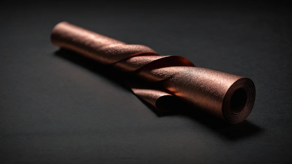 A tightly rolled scroll of thin copper foil lying on a dark surface, warm metal against cold shadow.