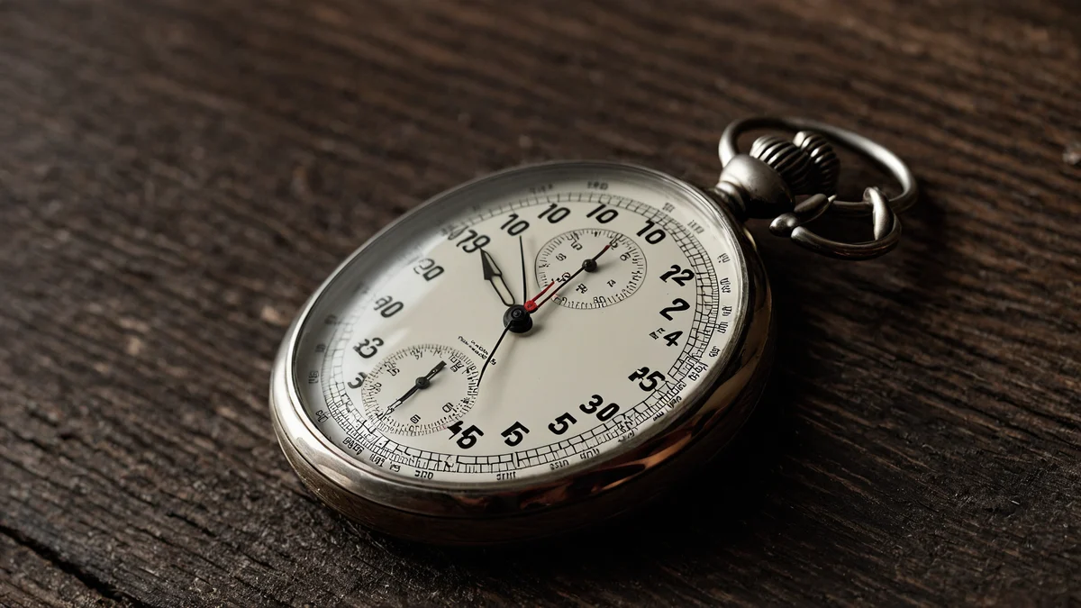 An antique mechanical stopwatch lying face up on dark grained wood, its glass and steel case catching a single line of light.