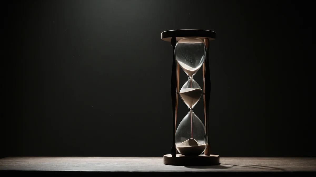 A glass hourglass with fine sand suspended mid flow, backlit by a single narrow beam in a dark room.