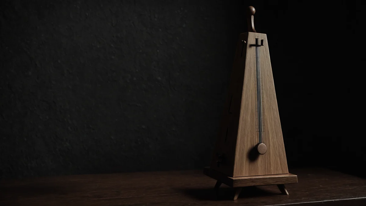 A wooden metronome standing on a dark surface, its pendulum arm caught mid swing under one shaft of light.