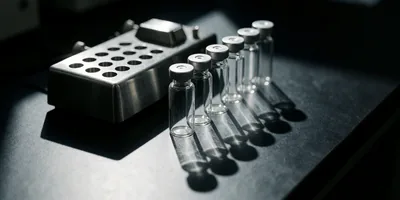 Six identical capped glass vials in a precise row on a steel bench, a hard shaft of cold light casting long parallel shadows beside a mechanical interval timer.