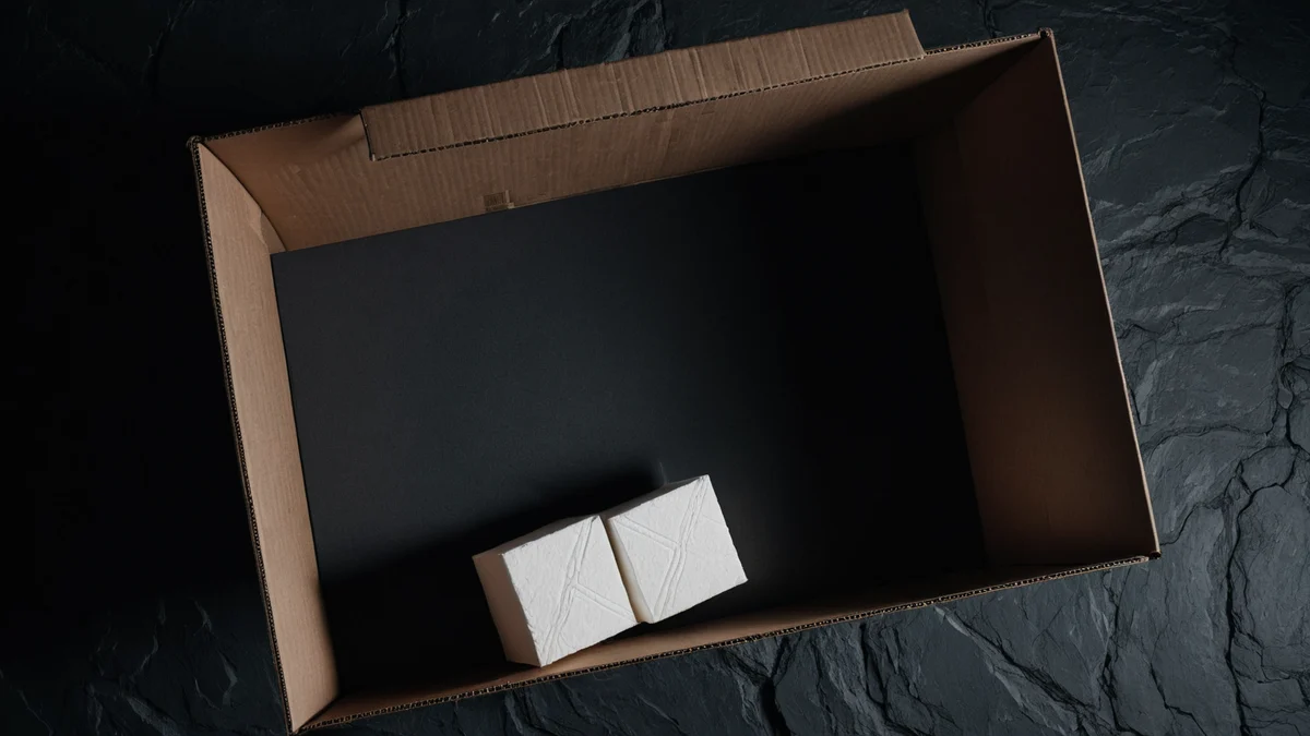Una caja de envio de carton abierta vista desde arriba sobre pizarra oscura, con un forro negro y dos bloques de espuma blanca en el interior bajo una franja de luz fria.