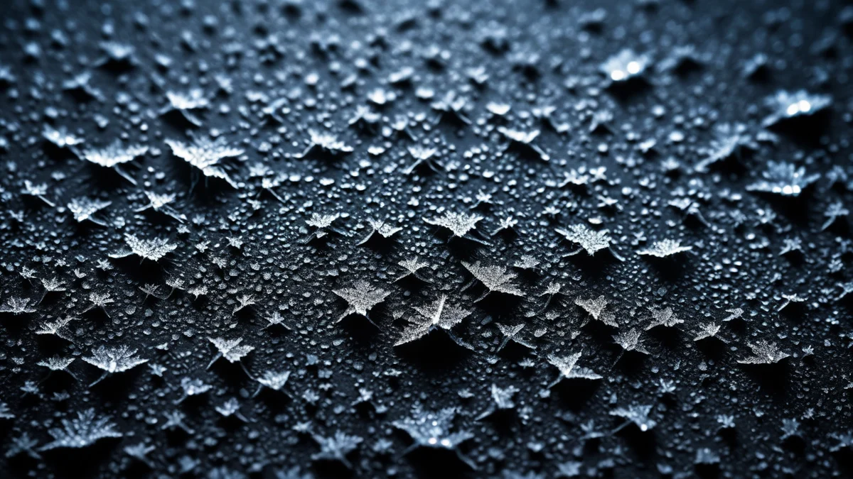 Una vista macro de delicados cristales de escarcha y finas gotas de condensacion extendiendose sobre una superficie metalica oscura, brillando bajo una fina lamina de luz fria.