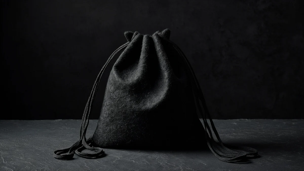 Una gruesa bolsa protectora negra mate de fieltro denso con cordon, cerrada y de pie sobre pizarra oscura, con sus pliegues suaves captando una franja estrecha de luz calida.