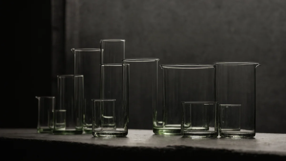 Una fila de vasos de precipitados vacíos de distintas alturas sobre una repisa de piedra, con los bordes y las paredes de vidrio dibujados en finos reflejos contra la oscuridad.