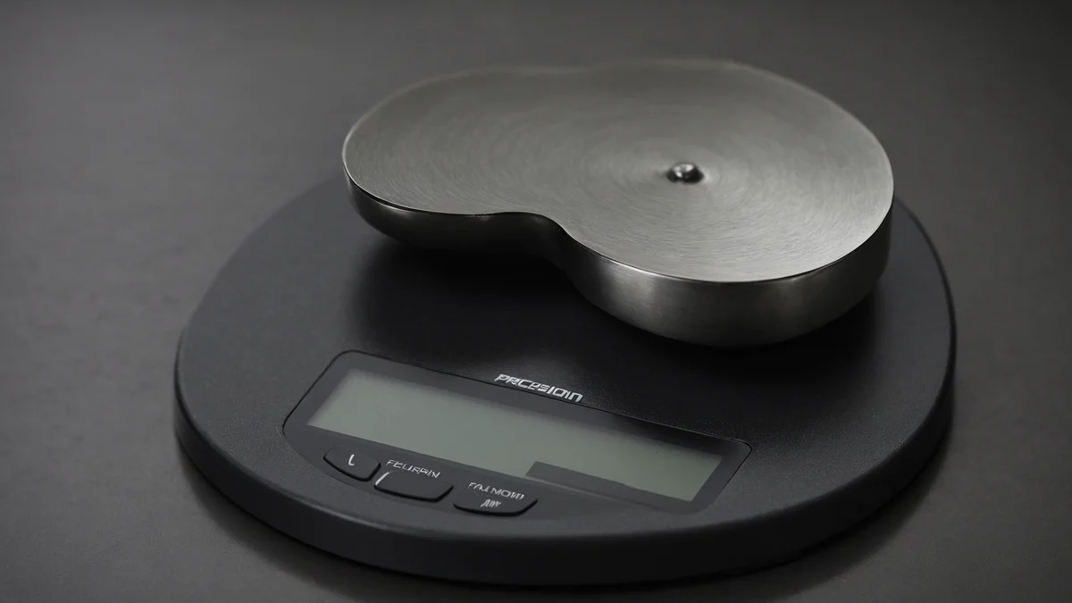 El platillo pulido y vacío de una balanza de precisión, con el metal captando un reflejo intenso contra una sombra profunda.