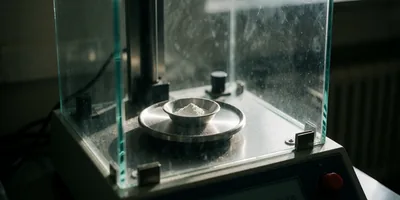 A precision analytical balance with its glass draft shield open, a weighing boat holding a trace of fine white lyophilised powder on the steel pan.