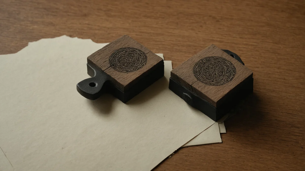 Two wooden-handled stamps resting on loose sheets of pale paper on a warm wooden desk, their carved faces turned towards the light.