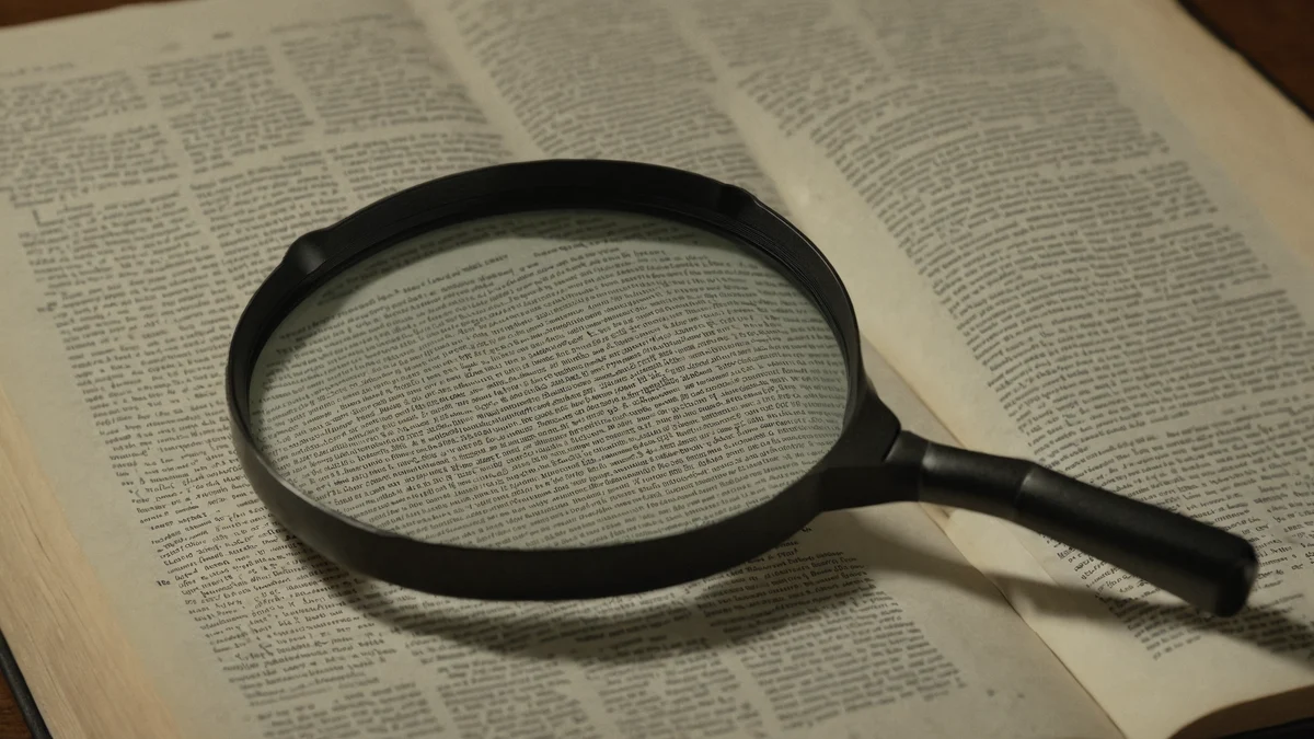 A black-rimmed magnifying glass lying on the open pages of a densely printed book, the lens throwing a pale disc of light onto the paper.