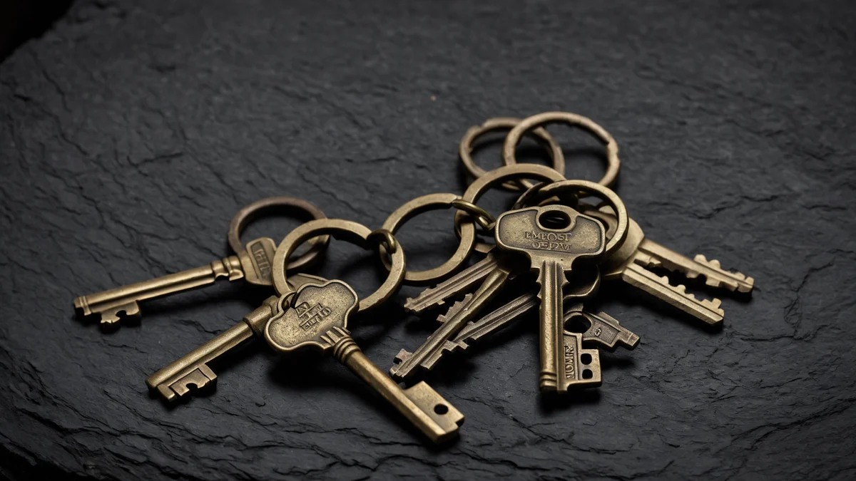 A bunch of worn brass keys on a heavy iron ring resting on dark slate, one band of light across the metal.