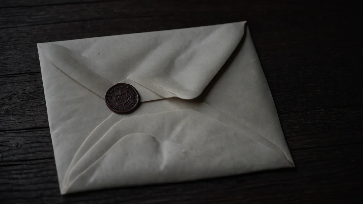 A wax sealed cream envelope lying on a dark wooden desk, the seal catching a narrow shaft of light.