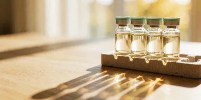Four sealed glass vials with muted green caps standing in a moulded pulp tray on sunlit pale oak, low morning light raking across them and throwing four long parallel shadows.