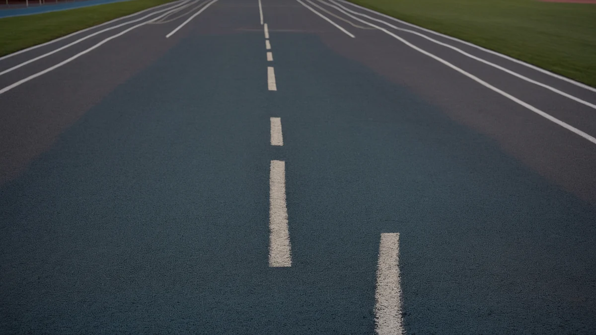 An empty synthetic running track photographed low along the lane markings, the painted white lines receding into blue evening shadow.