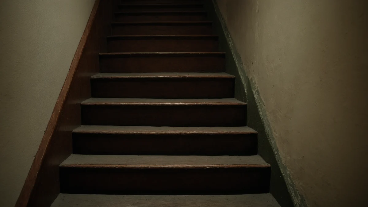 A short flight of worn wooden stairs in a dim stairwell, one tread catching light from a window out of frame.
