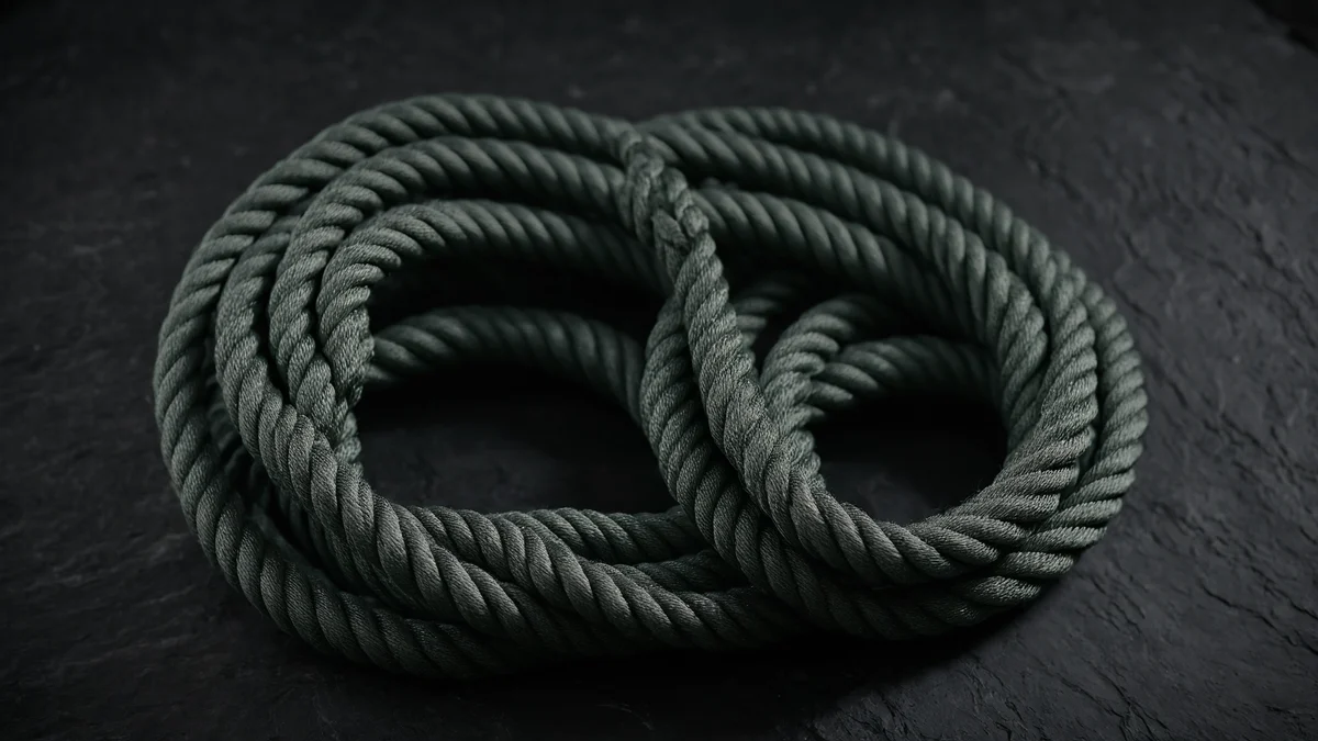 A neatly coiled length of rope on dark wood, its twisted fibres lit from one side.