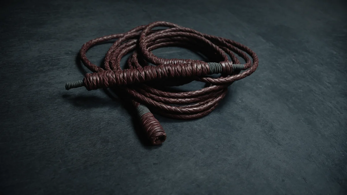 A worn leather skipping rope coiled on a dark gym floor, its turned wooden handles catching one narrow band of light.