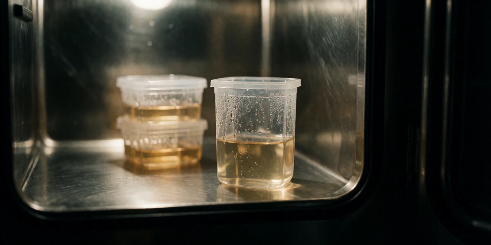 A clear culture flask of pale amber medium inside the glow of an open laboratory incubator, condensation filming the inner surface.