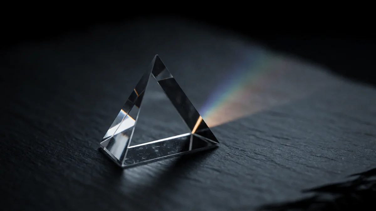 Un prisma triangular de vidrio transparente sobre pizarra oscura, con una fina lamina de luz que lo atraviesa y se despliega en un tenue arcoiris sobre la superficie.