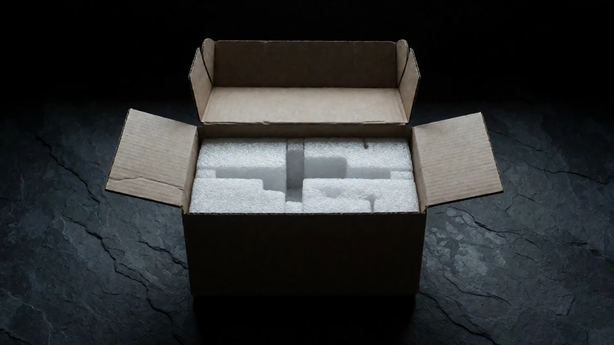 Una caja de envio de carton aislada y abierta sobre pizarra oscura, con el interior relleno de una capa limpia de espuma blanca bajo una franja de luz fria.