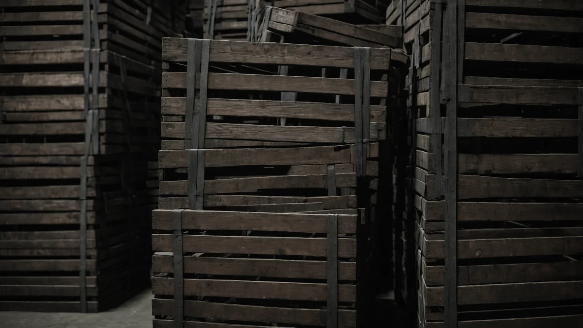 Pesadas cajas de envío de madera oscura atadas con fleje de acero, apiladas en un almacén en penumbra.