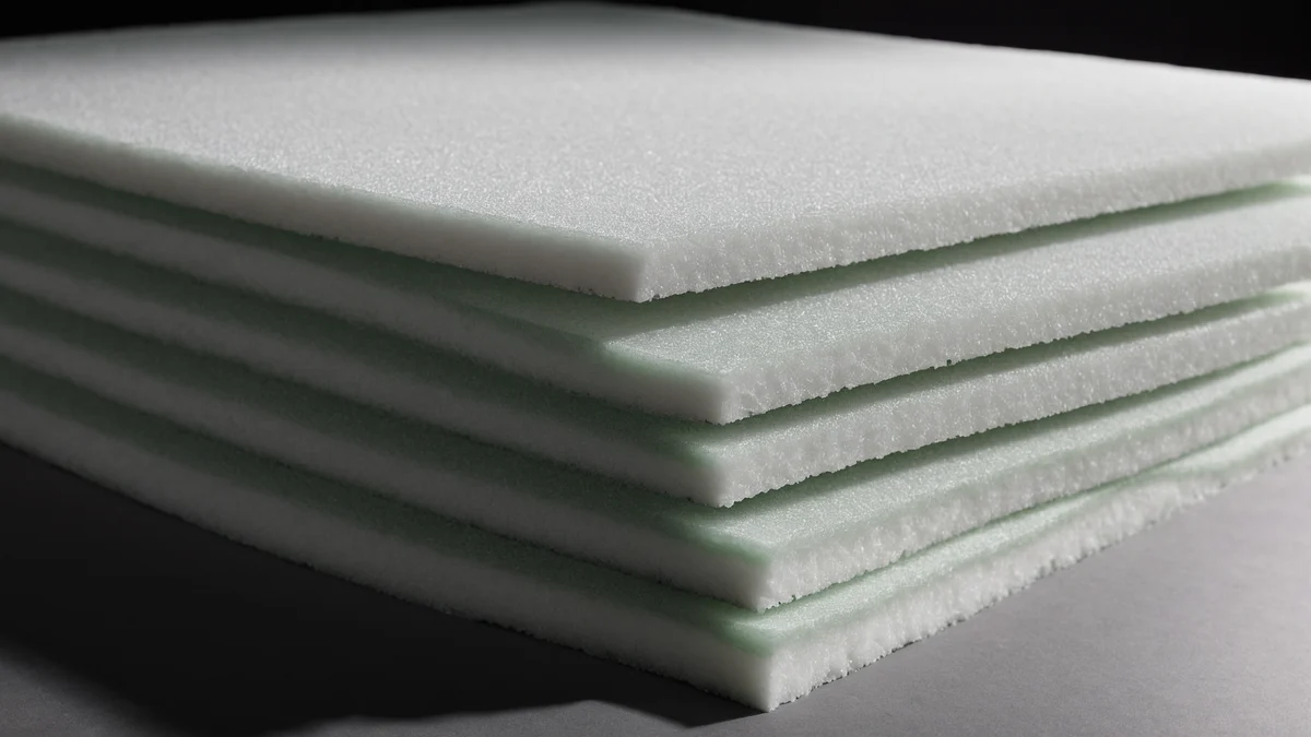 Una pila de paneles de espuma aislante blanca para envíos, vistos de canto, con luz fría rozando sus caras cortadas.