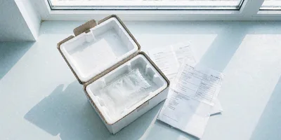 An opened insulated shipping carton on a pale windowsill in bright morning light, its white foam insert holding a frosted gel pack beading with condensation, shipping papers fanned out beside it.