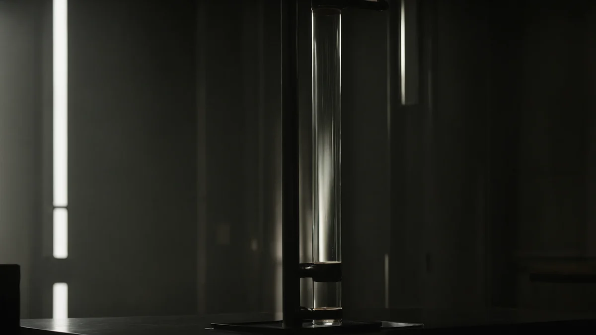 A tall glass and steel chromatography column standing in a darkened laboratory, a single bright highlight running down its length.