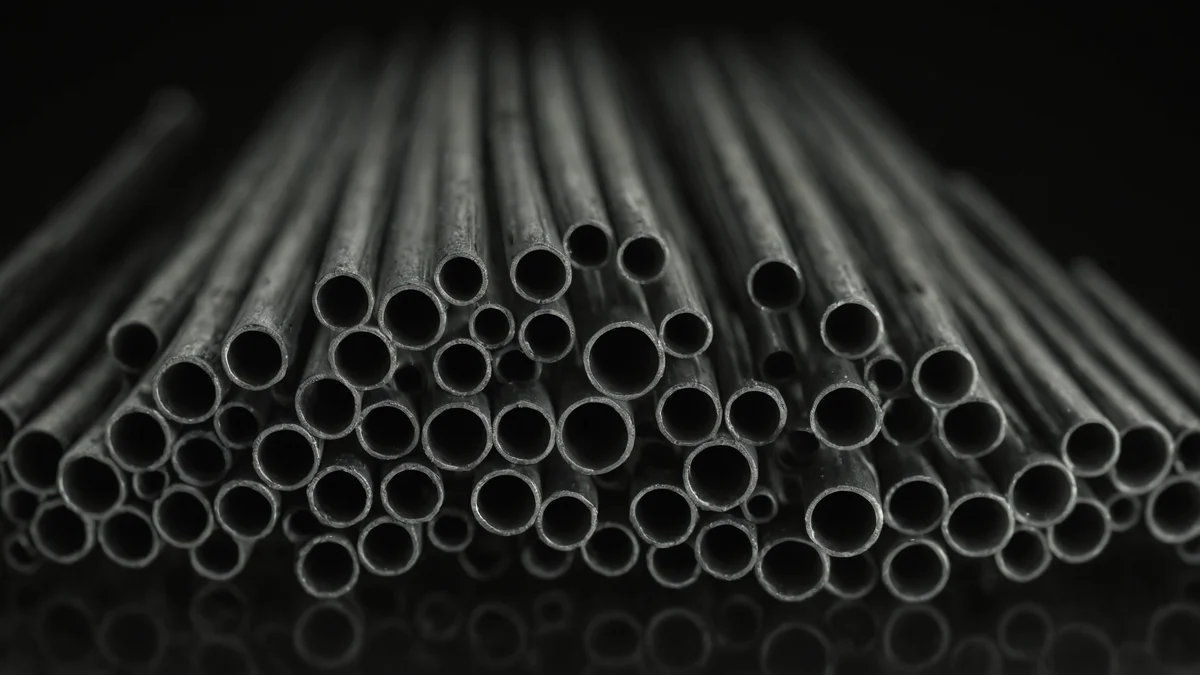 A tight circular bundle of fine glass capillary tubes seen end on, each tiny opening catching a point of light against darkness.