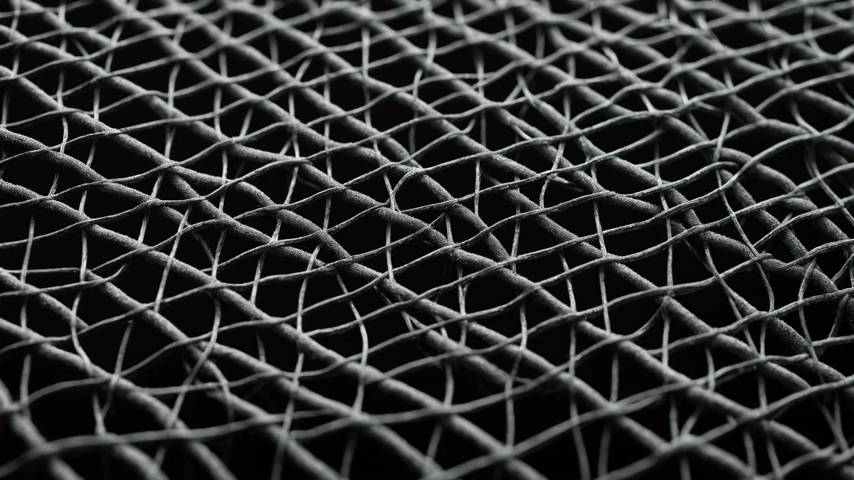 An extreme macro of a fine woven metal sieve mesh, raking light picking out each wire against darkness.