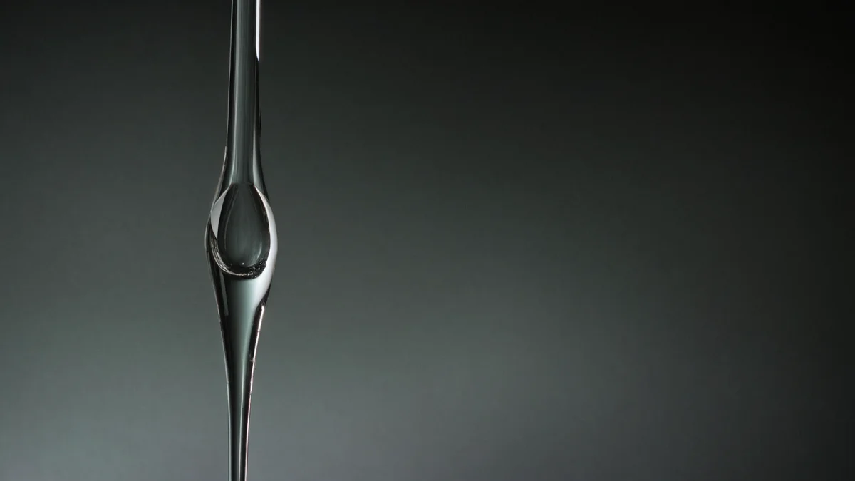 A single clear droplet hanging from the tip of a slim glass pipette, one point of light held in the drop against a dark background.