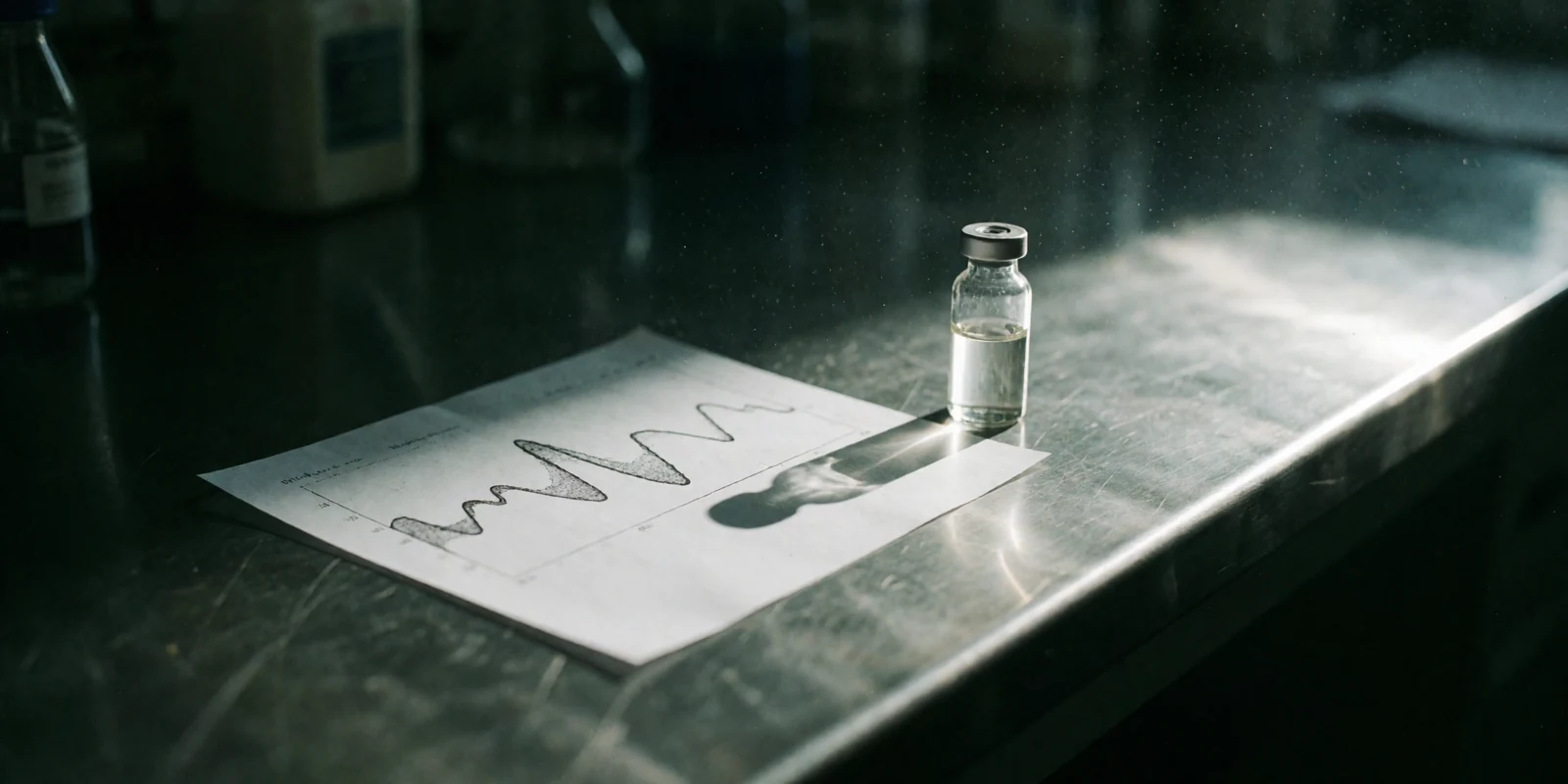 A printed chromatography trace on a brushed steel laboratory bench, its ink curve in sharp focus beside a capped glass vial catching a shaft of cold window light.