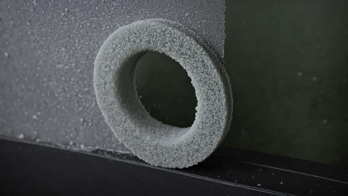 Un grueso anillo de sellado aislante cubierto de escarcha blanca contra una pared fría y oscura, con el hielo acumulado en su borde interior.