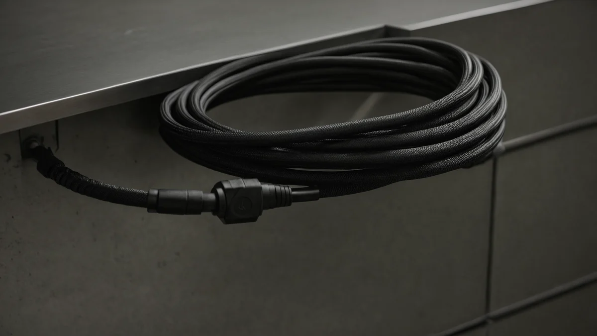 Un cable de sensor negro pulcramente enrollado sobre un estante de acero cepillado, con el conector suelto en el extremo cercano.