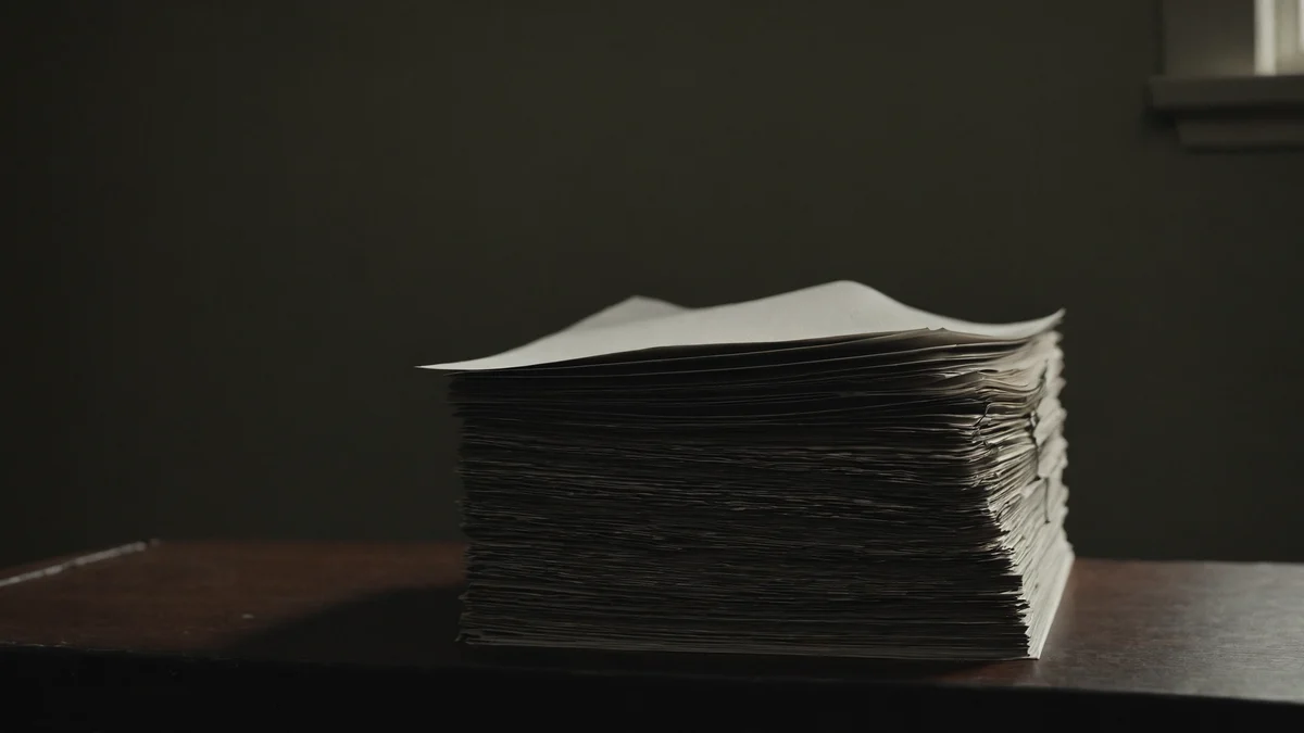 A thick stack of printed papers squared up on a dark desk, the top sheet lifting slightly at one corner in low light.