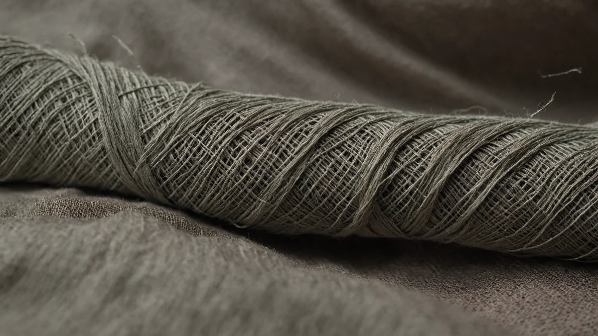 A close view of loosely wound pale fibre wrapped around a form, its threads catching light along the length of the coil.