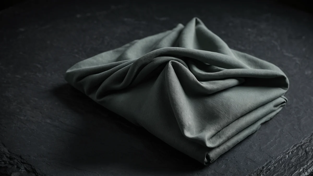 A folded square of pale sage cloth on dark slate, its creases catching soft light.