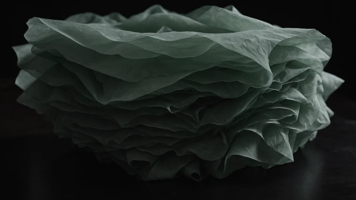 Layered translucent tissue paper sheets backlit in a dark room, their overlapping edges glowing.