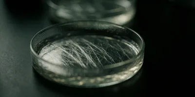 A shallow glass petri dish holding a translucent collagen gel, its fibre network catching raking light as fine silver threads against a dark bench.