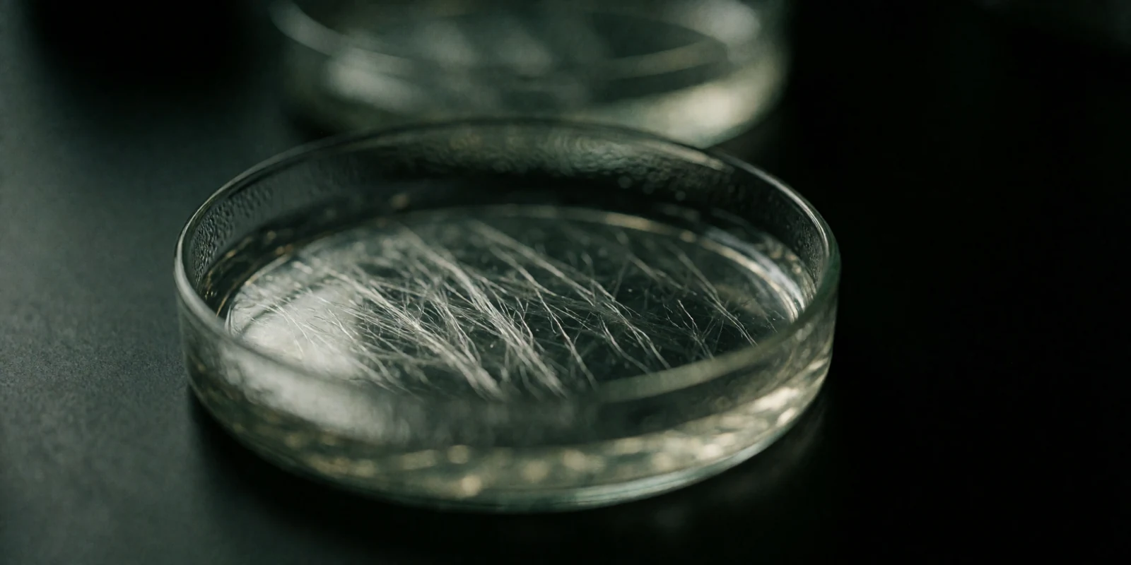 A shallow glass petri dish holding a translucent collagen gel, its fibre network catching raking light as fine silver threads against a dark bench.