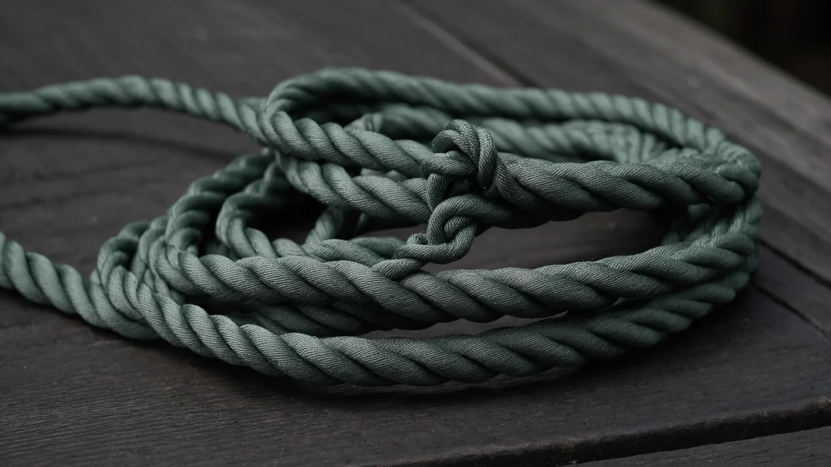 A coiled length of waxed cord on dark wood, its strands lit hard from one side.