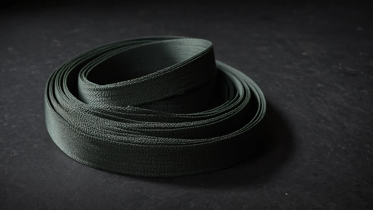 A flat woven webbing strap coiled loosely on dark slate, its weave picked out by a low raking light.