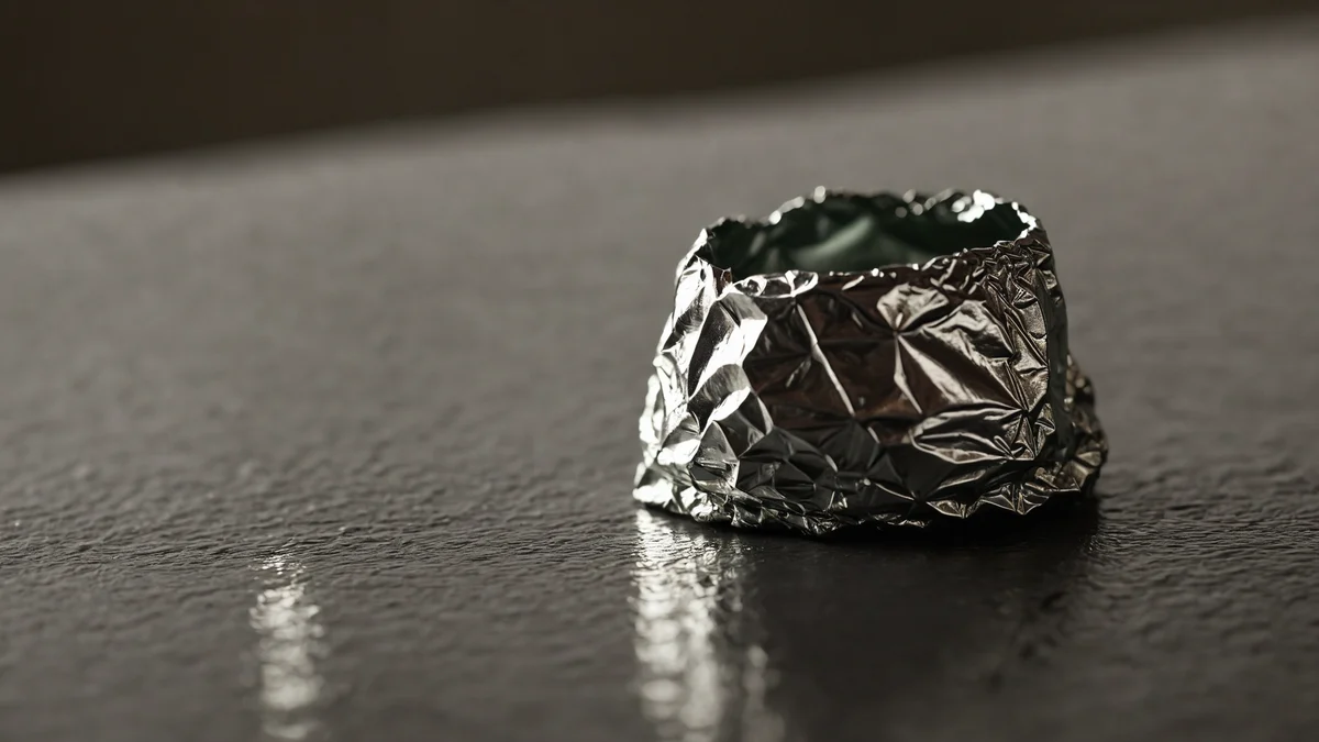 Un pequeño cuadrado arrugado de envoltorio de aluminio sobre una superficie oscura y pulida, con sus pliegues atrapando la luz.