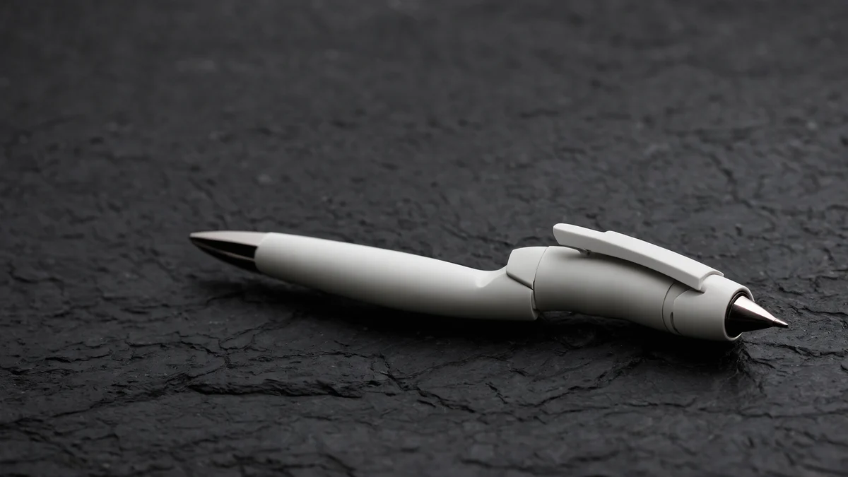Una sola pluma inyectora médica blanca y lisa sobre piedra oscura, limpia y sin etiquetar, con un reflejo a lo largo del cuerpo.