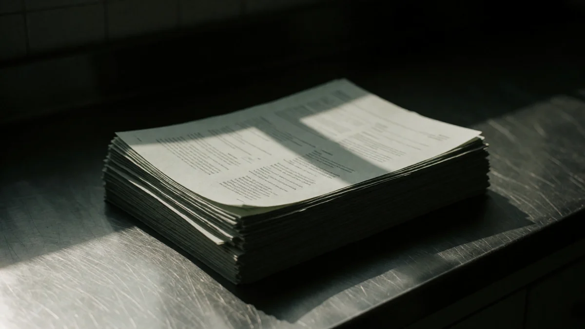 A thick stack of printed report pages fanned slightly on a scratched steel bench, one hard shaft of light falling across the paper.