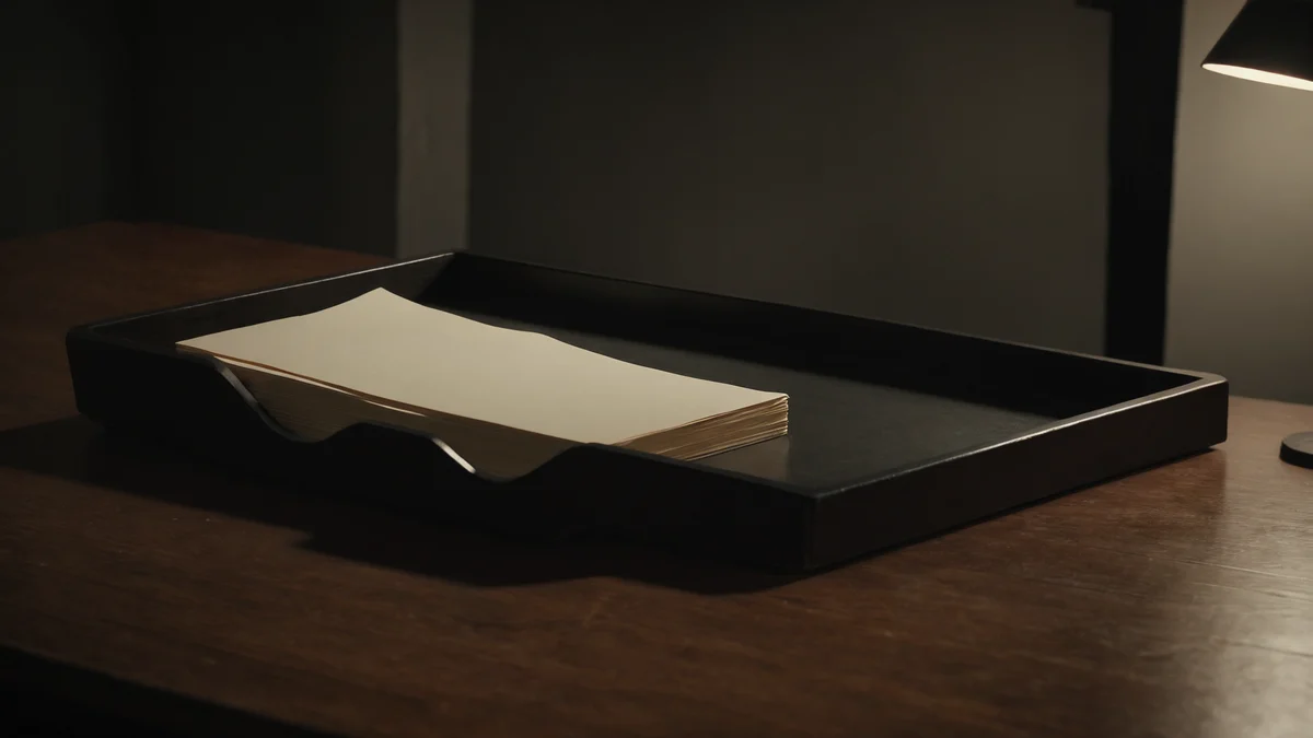 A shallow wooden document tray holding a neat squared stack of pale cream papers on a dark desk, one hard band of light across the top sheet.